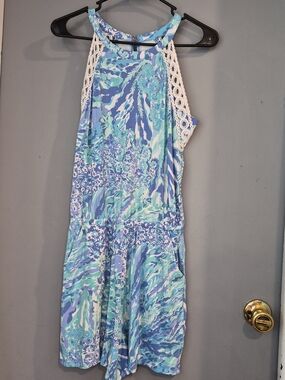 Lilly Pulitzer Floral Print Lala Romper with Crochet Trim Sleeves Hey Hey Soleil